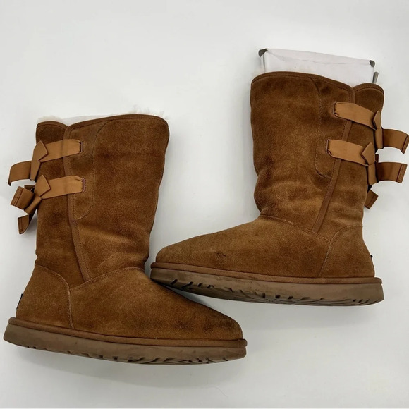 UGG Allegra Bow II Chestnut Boots Sheepskin Women’s Size 9 Suede Wool Boots - Picture 4 of 10